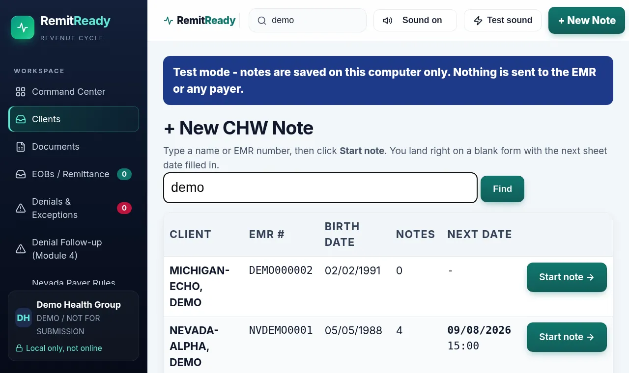 RemitReady app screen: start a new visit note by searching for a client